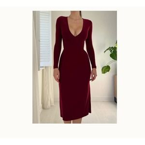 NEW AYM Studio Sz M Taylor Tea Midi Dress Wine Red Long Sleeve